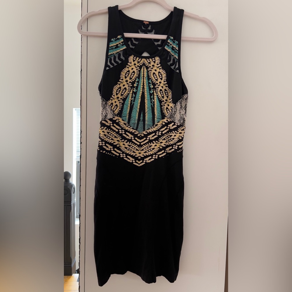 Free People Black, White & Teal Cotton Sleeveless Round Neck Dress